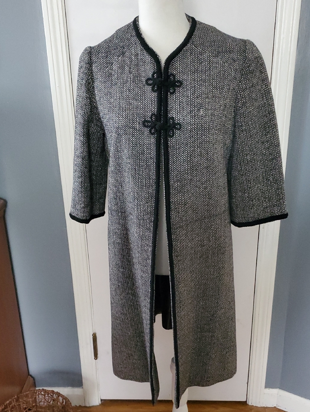 Classic Black & White Tweed Long Coat